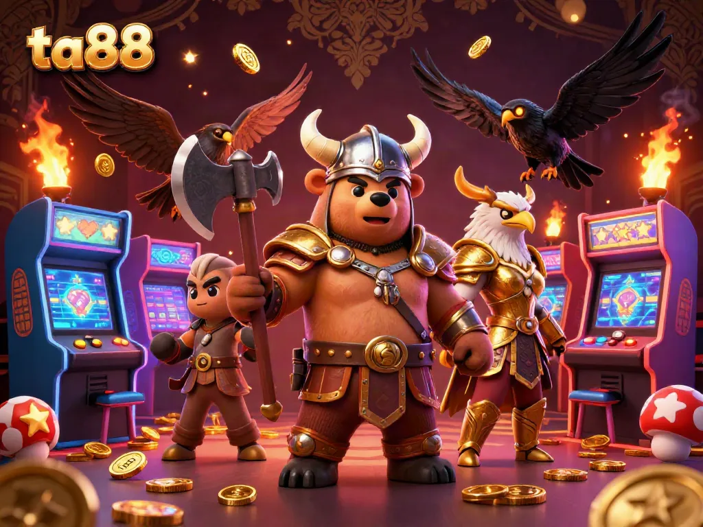 Engage with ta88 in a vibrant 3D casino scene featuring exciting gaming elements and heroic characters.
