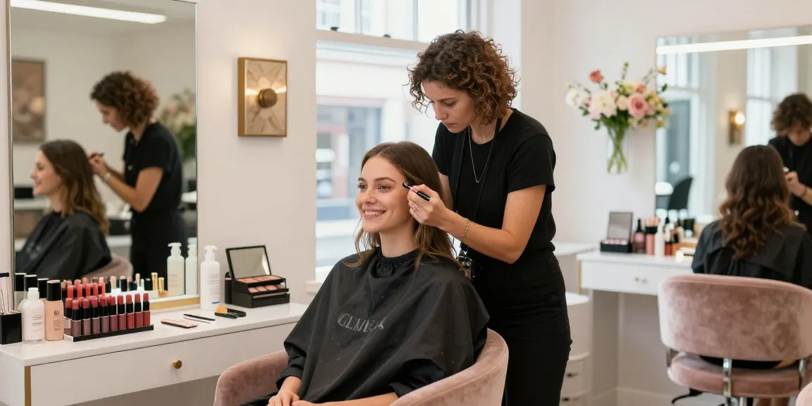 Beauty Salon Colchester scene with stylist applying makeup to client in a bright, elegant environment.