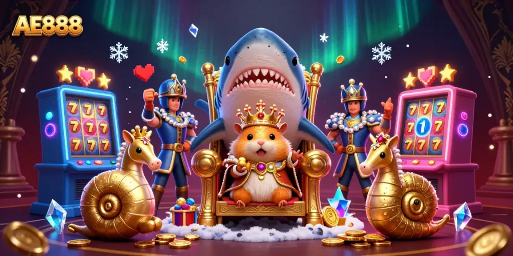 Engage in exciting slots with AE888, featuring a hamster king overlooking colorful jackpot machines.