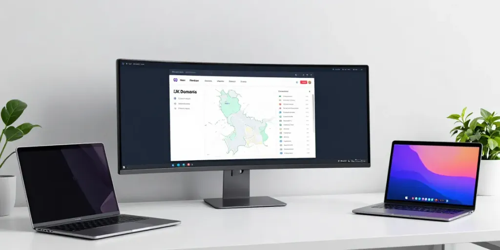Buy .uk domain on a modern workspace setup showcasing domain registration tools and analytics.