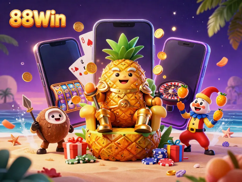 88Win features a vibrant 3D scene with a pineapple king and casino elements depicting thrilling gaming action.