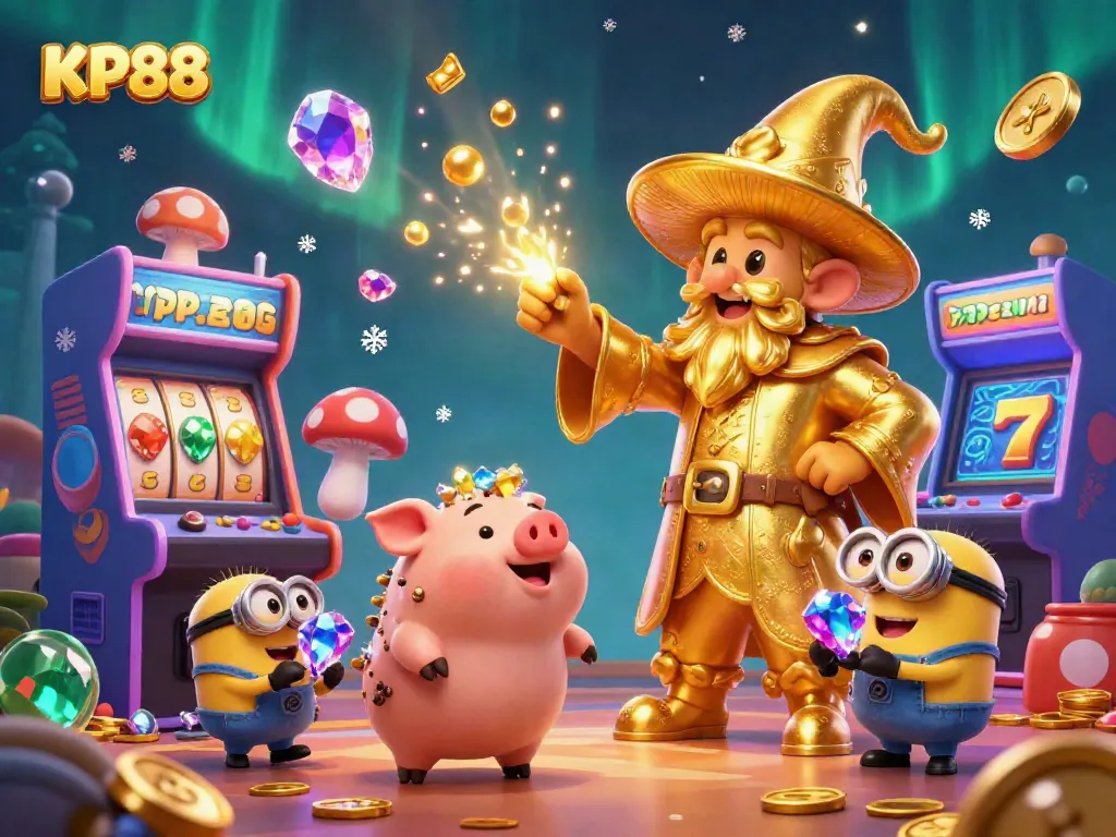 Engage in the magical world of KP88 where a golden mushroom wizard turns gaming into gold, featuring vibrant slots and treasures.