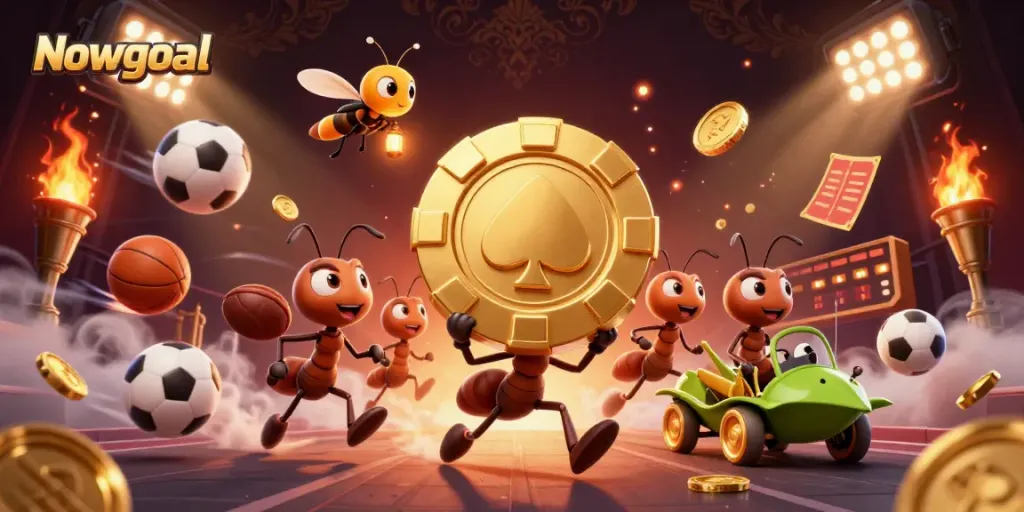 Nowgoal enhances your experience with real-time scores as cartoon ants carry a giant poker chip.