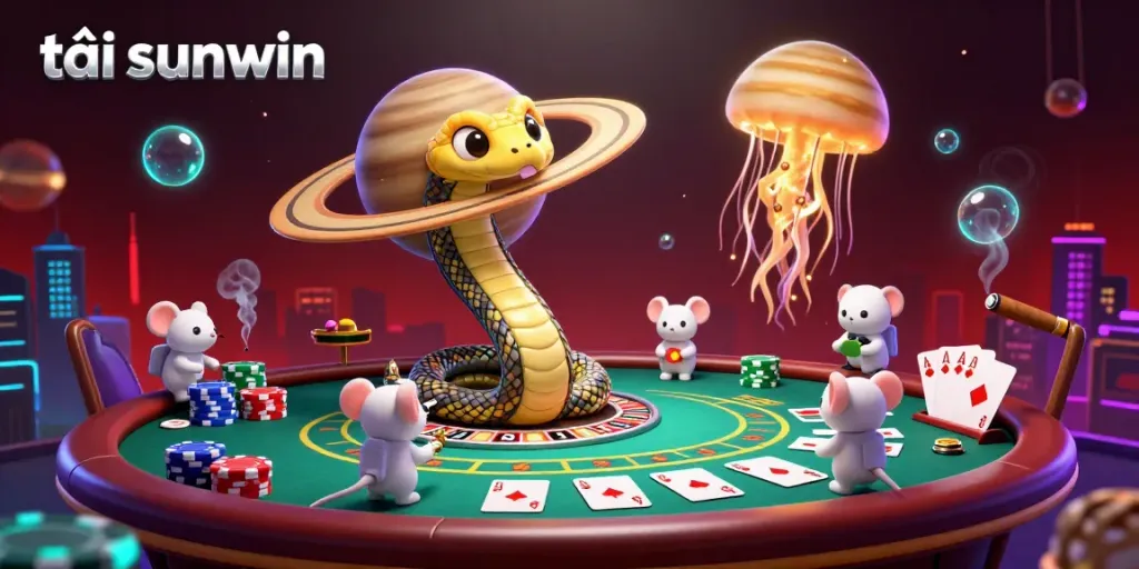 Engage in thrilling bets as you tải sunwin in this dynamic 3D casino scene featuring astronauts and cosmic elements.