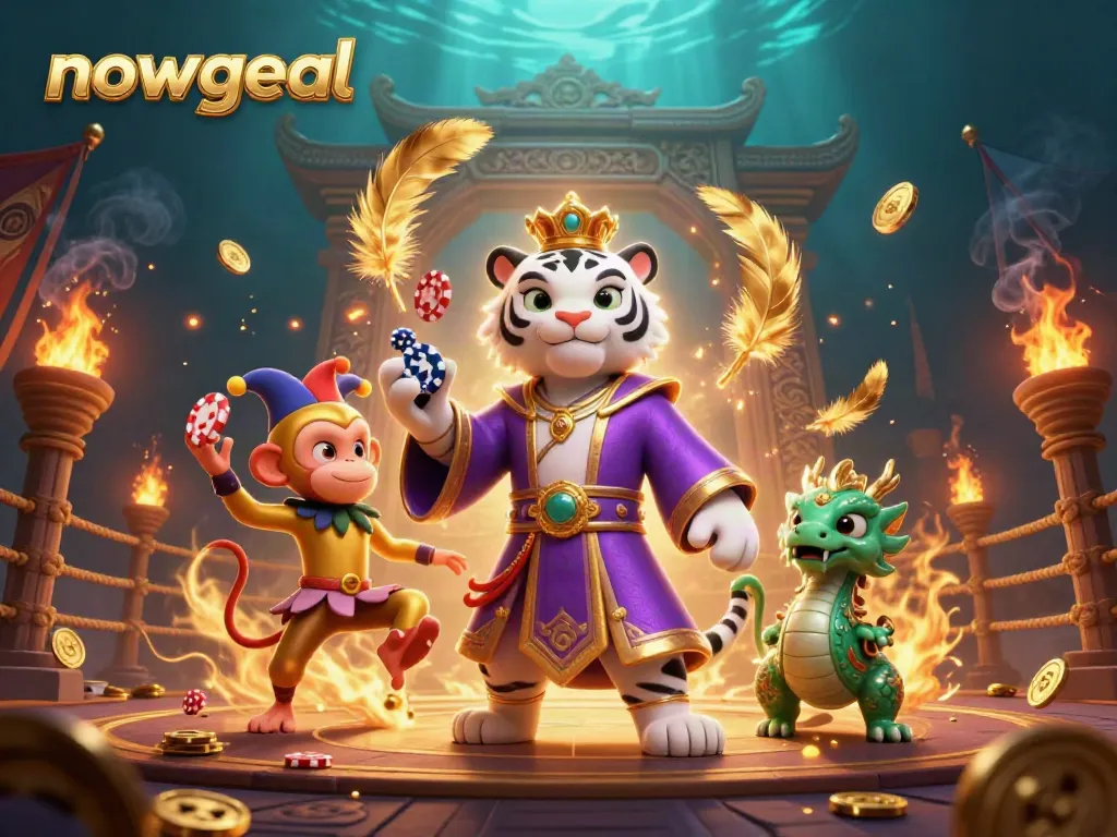 Engage in thrilling bets with nowgoal at a dynamic gambling scene featuring a white tiger and playful monkey.