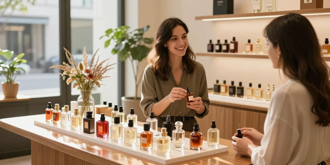 Natural perfumes elegantly displayed in a chic boutique, showcasing vibrant fragrance bottles.