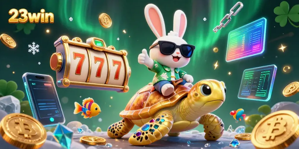 Experience the thrilling gameplay of 23win in a vibrant casino scene filled with winning symbols and playful characters.