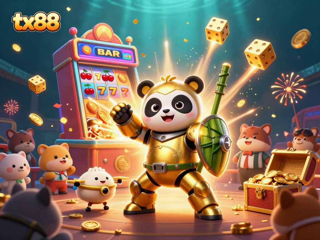 tx88 showcases a thrilling jackpot scene with a mech-suit panda and vibrant casino elements.