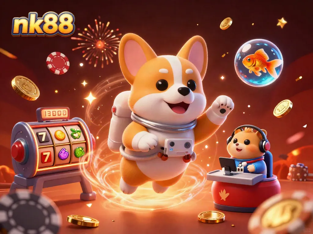 Experience the excitement of nk88 with a vibrant 3D casino illustration featuring interactive gaming elements.