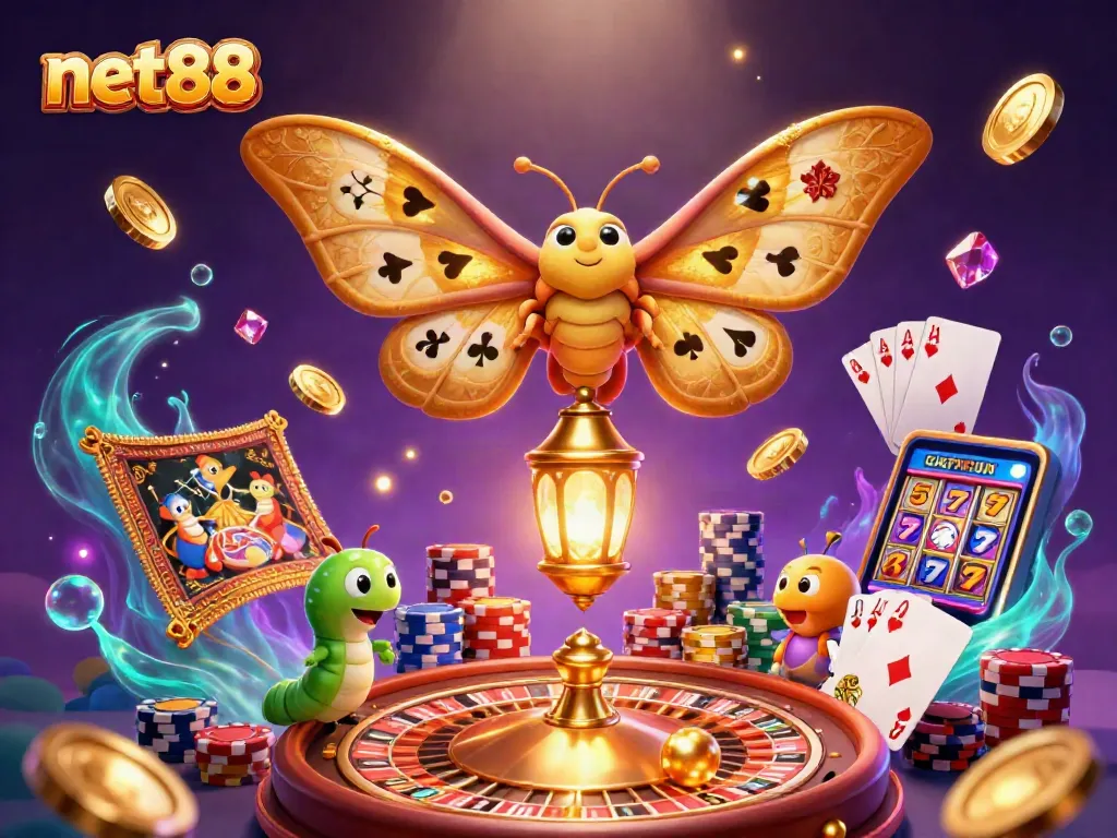Engage with exciting net88 slots and casino games featuring vibrant illustrations of moths and golden treasures.