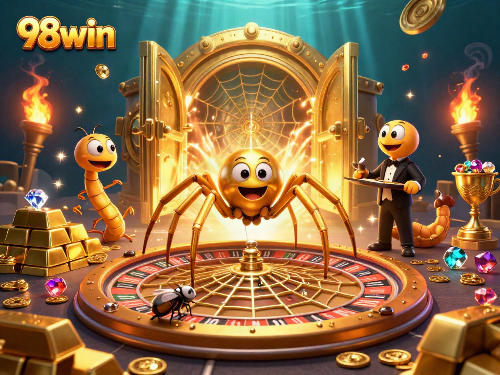 Wagering at 98win with a golden spider and excitement in a bustling casino scene.