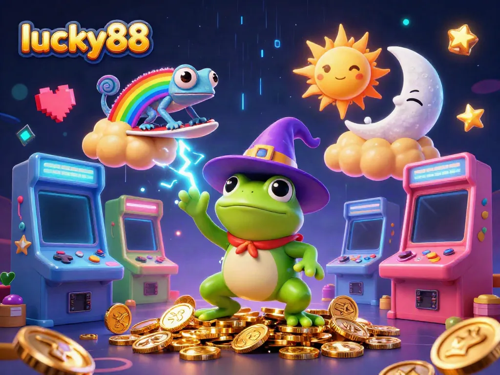 Experience the thrill of lucky88 with a vibrant 3D scene featuring golden coins and casino elements.