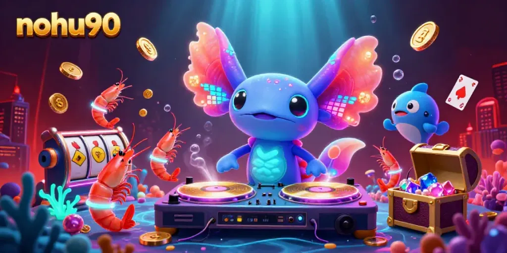 Nohu90 brings excitement with a neon axolotl DJ spinning at an immersive underwater casino scene.