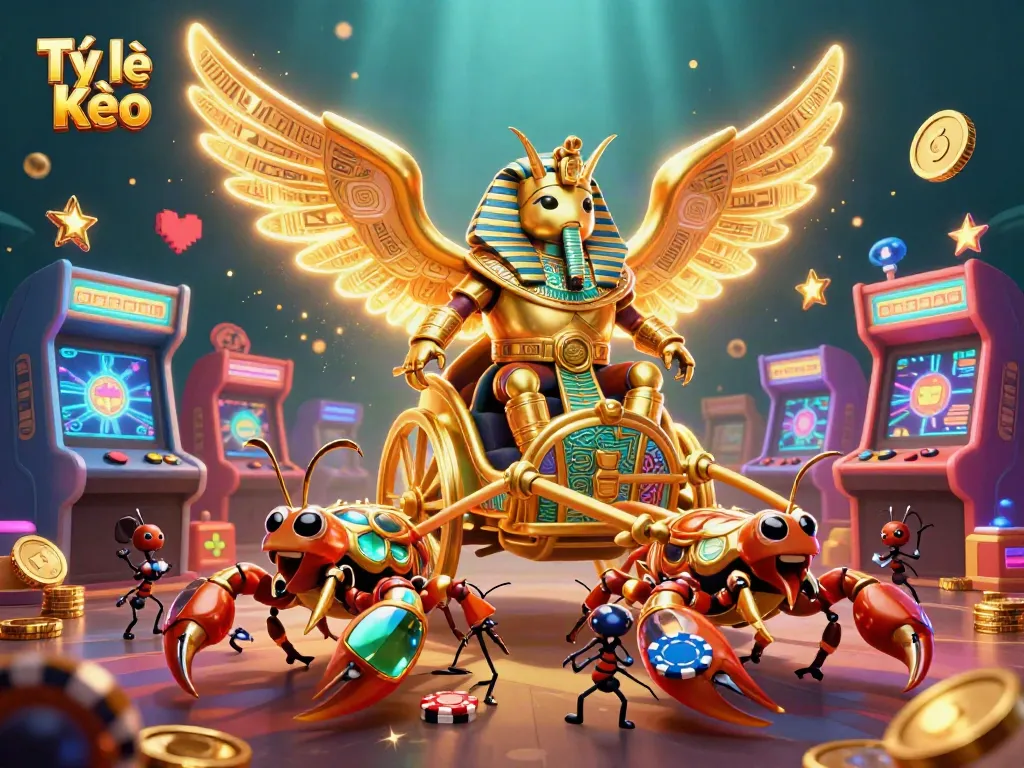 Tỷ Lệ Kèo enhances excitement in a dynamic betting scene with a golden scarab in action.