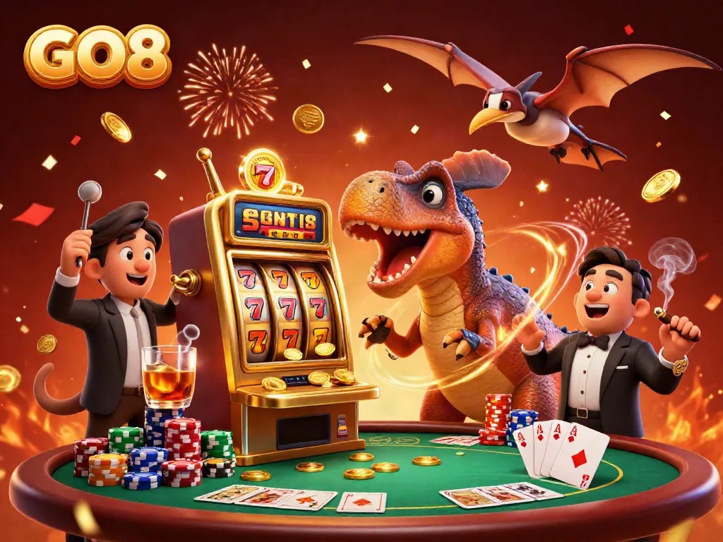 GO8 jackpot scene with cartoon dinosaurs and casino elements celebrating a winning payout.