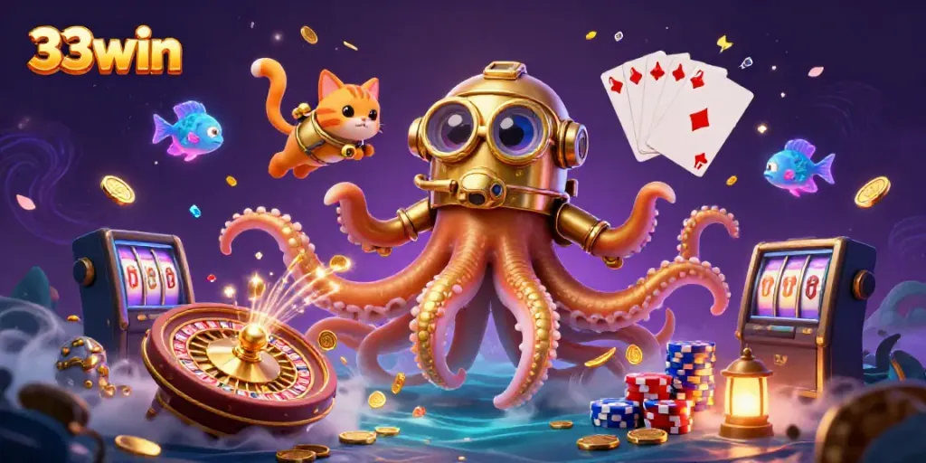 Engaging scene showcasing 33win's exciting casino experience with a kraken, diving cat, and vibrant game elements.