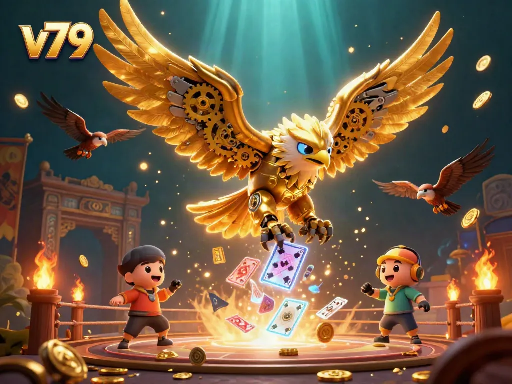 Experience thrilling gameplay at v79 with a diving golden eagle amidst swirling playing cards.