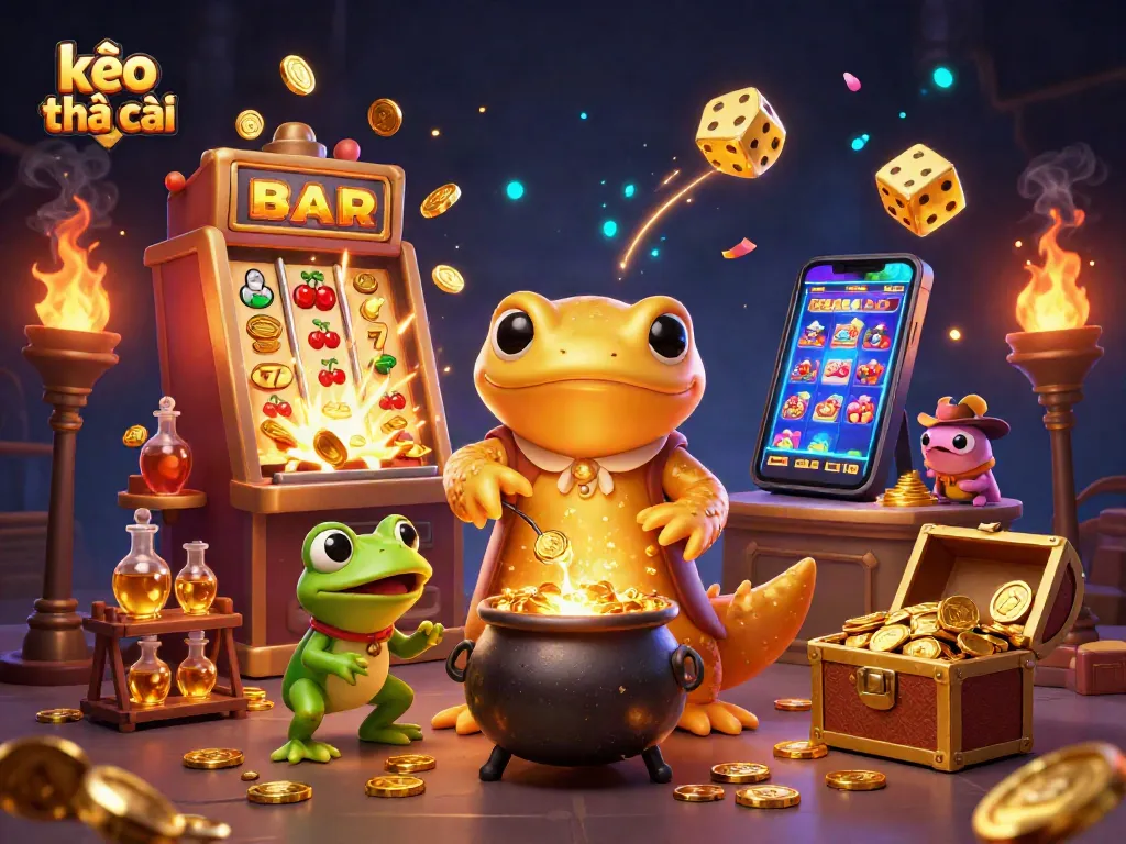 Kèo nhà cái highlights strategic betting decisions in a vibrant 3D casino scene bursting with gold.