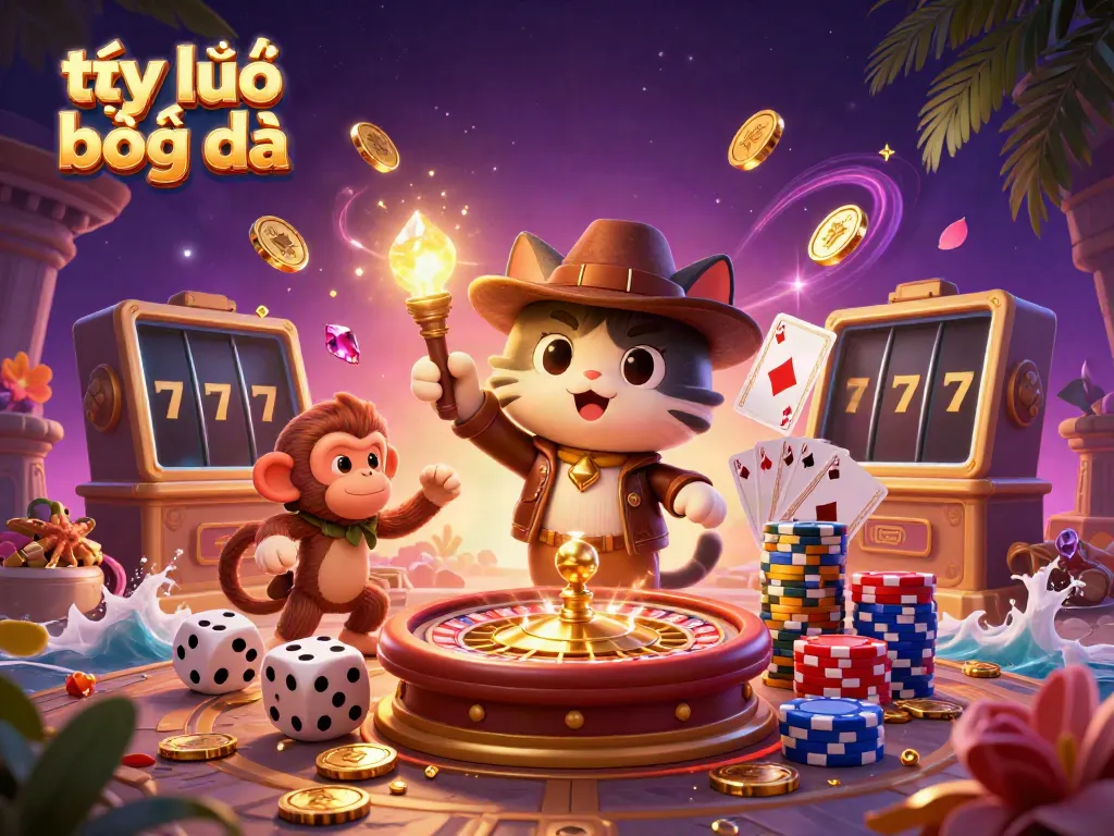 Engaging scene depicting tỷ lệ bóng đá with dynamic casino elements including cards, coins, and a lively background.