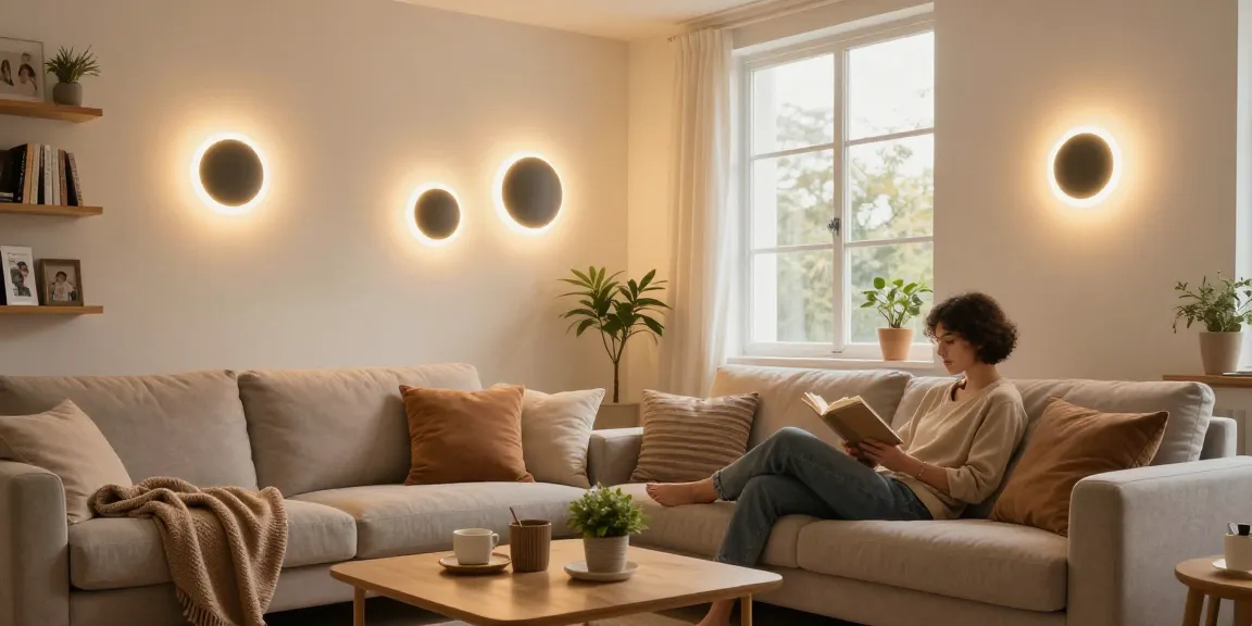 Aplice LED moderne de perete iluminând un living confortabil, creând o atmosferă călduroasă și primitoare.