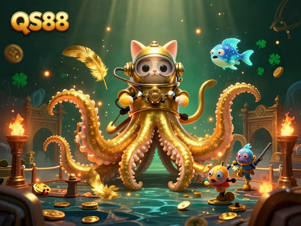 Experience the excitement of QS88 with the kraken and diving cat surrounded by casino treasures.