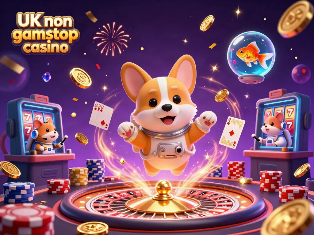 Experience the thrill of UK non gamstop casino with floating characters in a vibrant, playful scene.