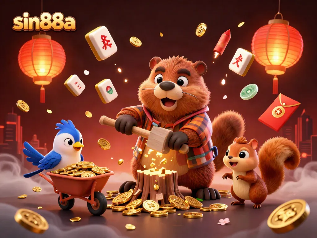 Engage with sin88a in a vibrant casino scene featuring a playful beaver amidst gold coins and gaming elements.