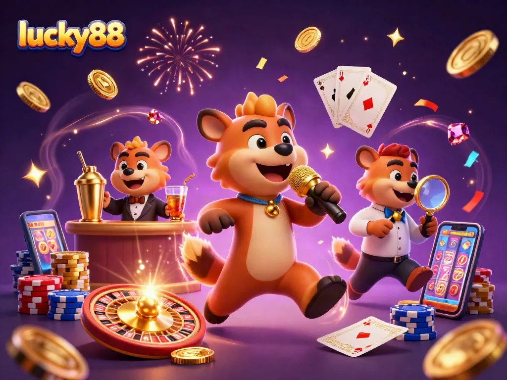 Engage with lucky88 in a vibrant casino scene featuring hyenas, golden coins, and a spinning roulette wheel.