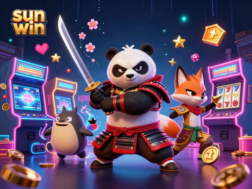 Engage with sun win in an exhilarating 3D casino landscape featuring samurai panda and ninja fox.