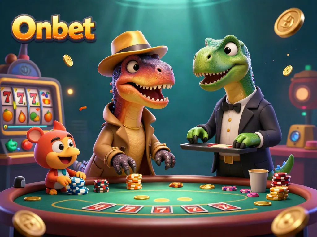 Experience the thrilling Onbet scene with animated dinosaurs engaging in blackjack while vibrant slot symbols surround them.