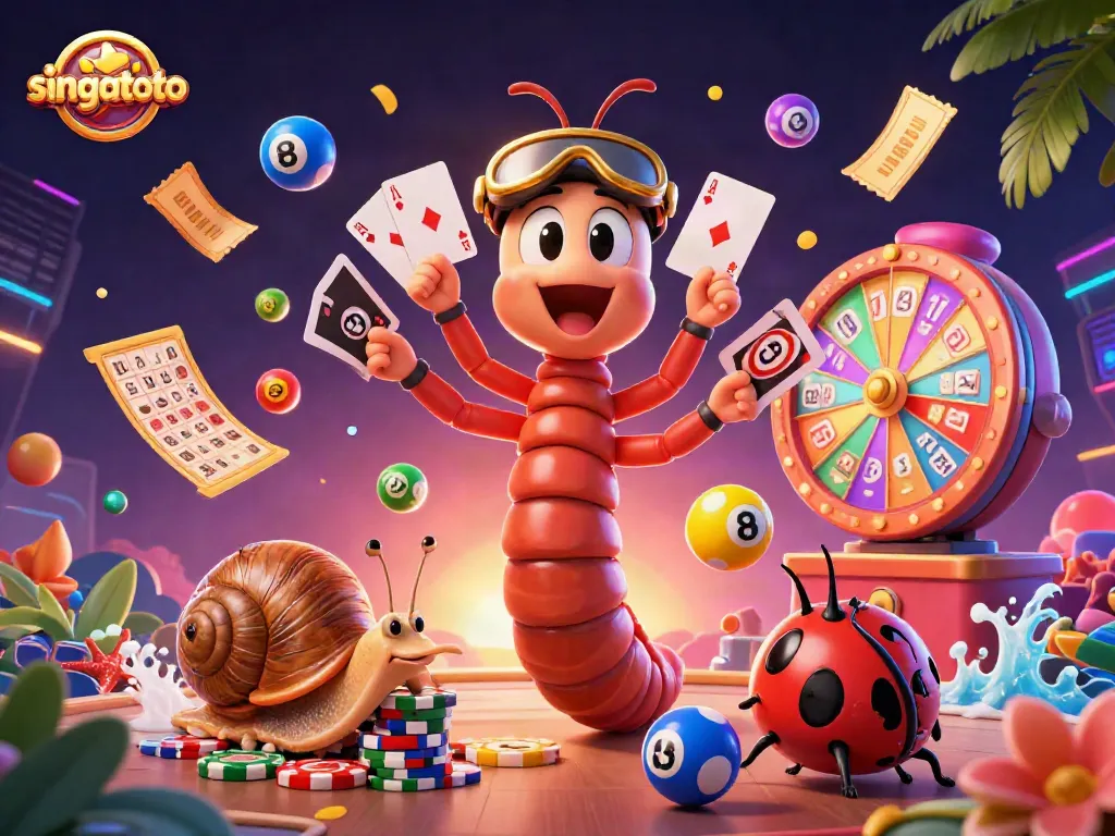 singatoto engaging excitement with a cartoon millipede dealer and vibrant casino elements