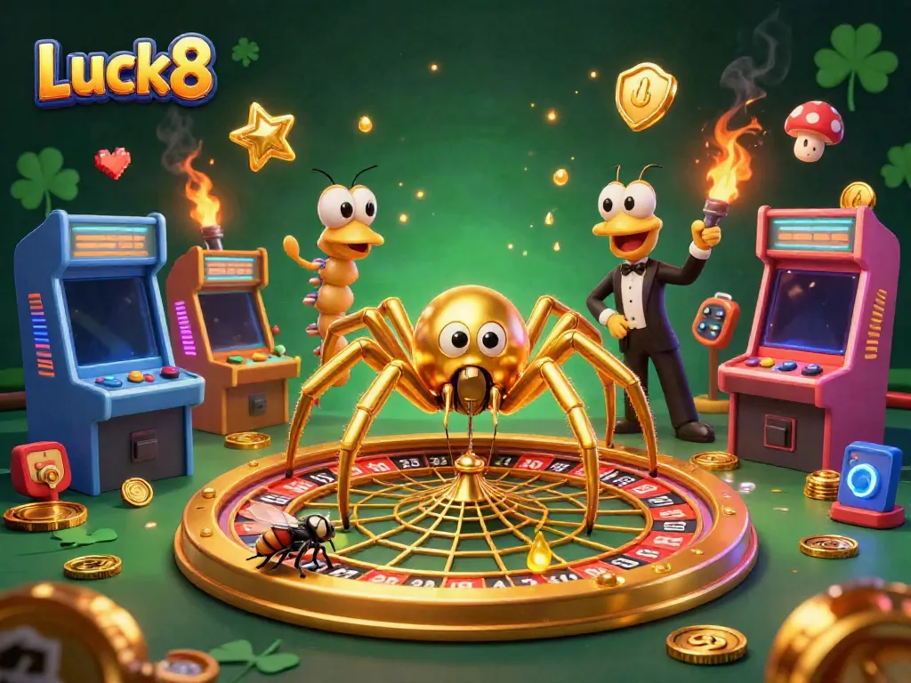 Engaging 3D cartoon scene at Luck8 casino featuring a playful spider, fly, and centipede in a roulette web.