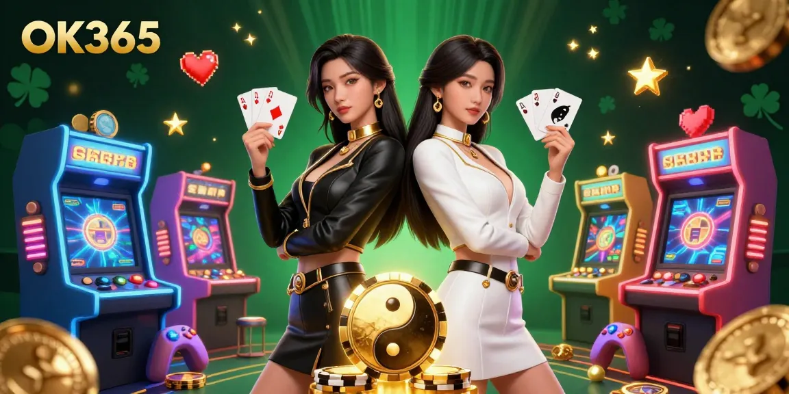 Engage with the ultimate games on OK365, featuring twin women in a dynamic casino scene with playing cards.