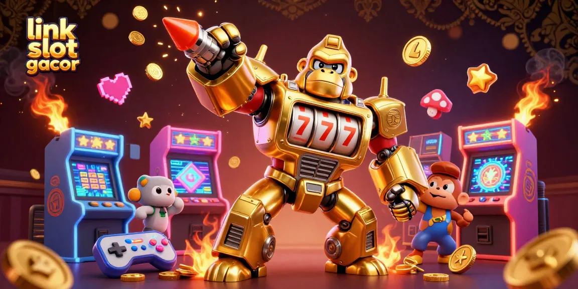 Engage with link slot gacor as the golden gorilla mech showcases its slot machine prowess with vibrant casino elements.