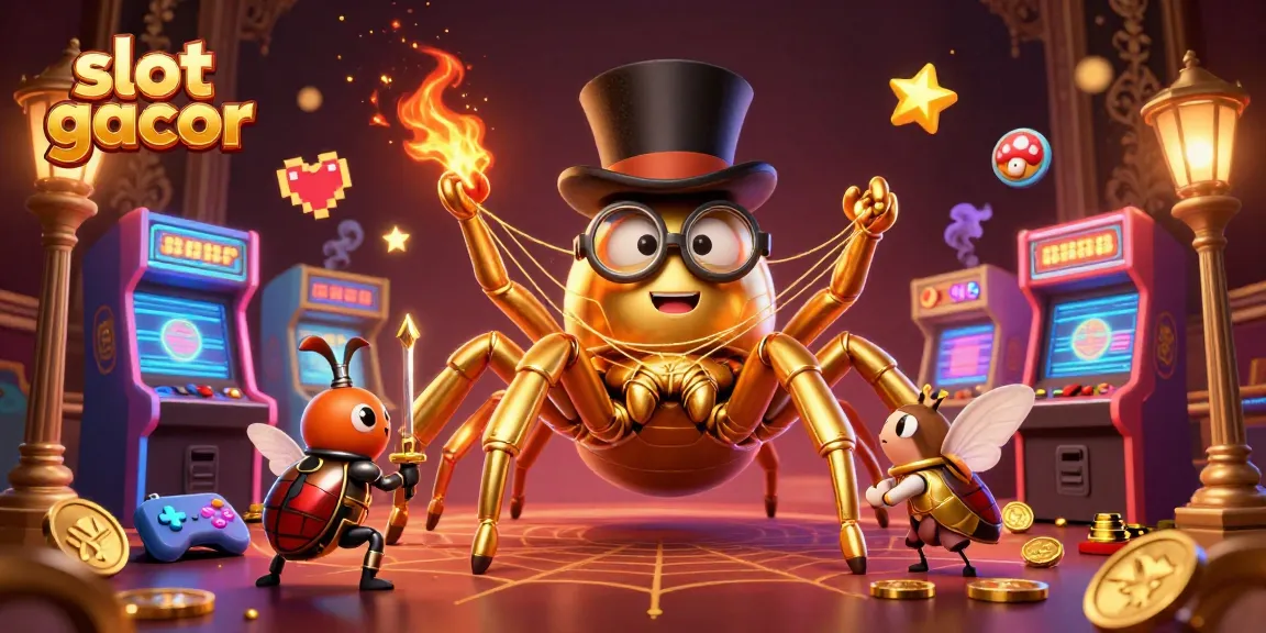 Explore the world of slot gacor with a golden tarantula and beetle knight in a vibrant casino scene