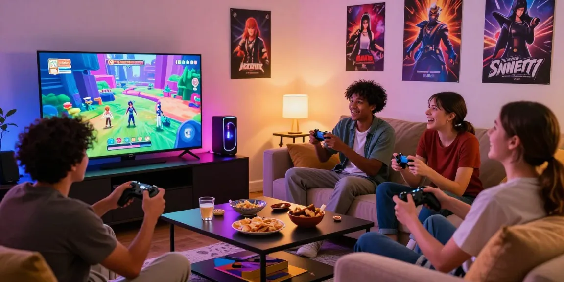 Group enjoying lewdspot adult visual novel games in a cozy living room