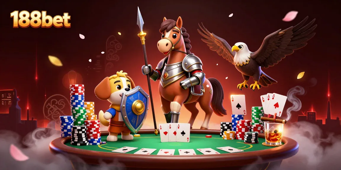 Experience thrilling moments at 188bet with a knight and puppy amidst poker chips and excitement.
