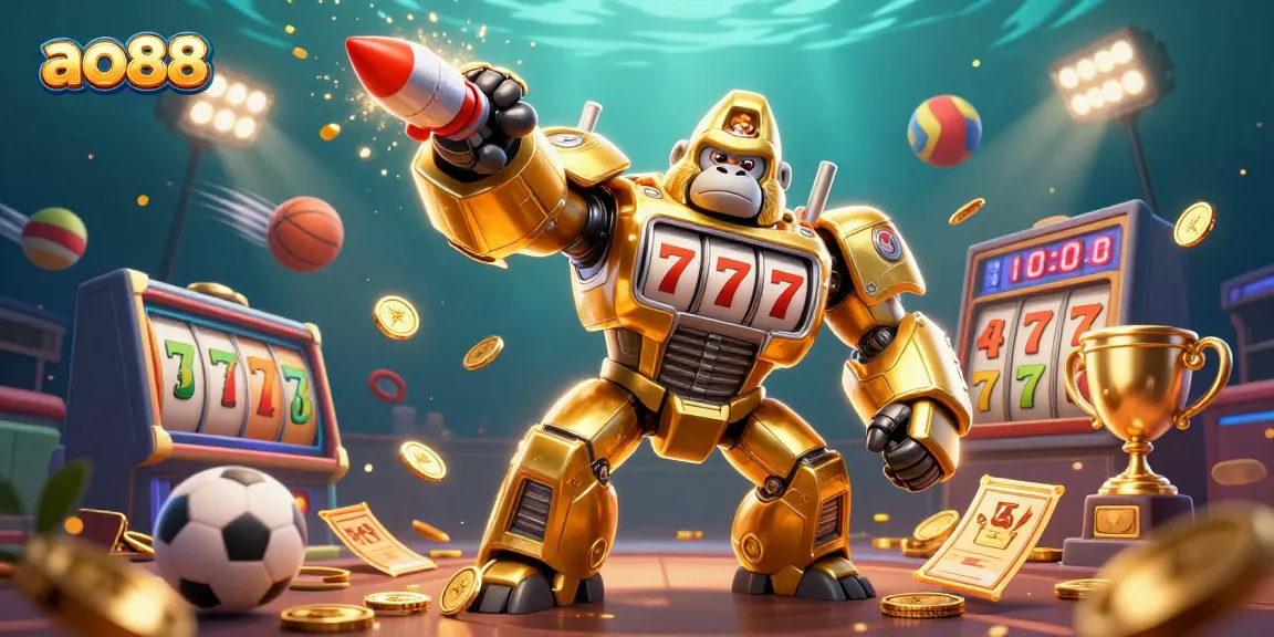 Experience dynamic casino gaming with ao88's epic golden gorilla mech, slot machines, sports elements, and vibrant visuals.