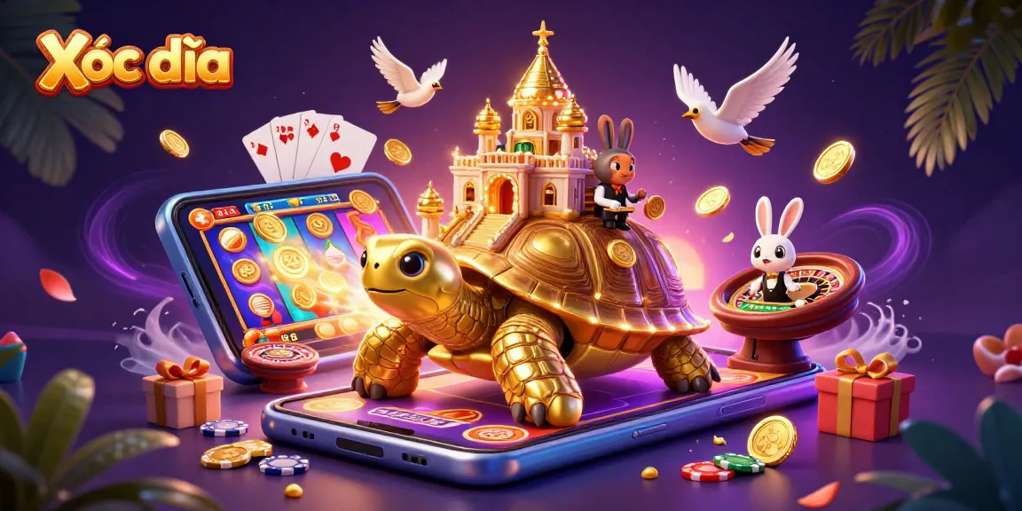 Xóc đĩa game scene with a golden tortoise casino, rabbit dealer, coins, and vibrant gaming elements.