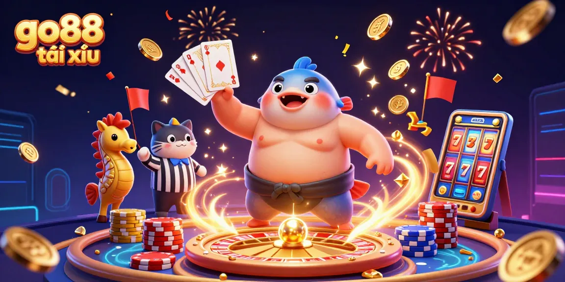 Engage in go88 tài xỉu with vibrant gaming action featuring a sumo blowfish and catfish referee.