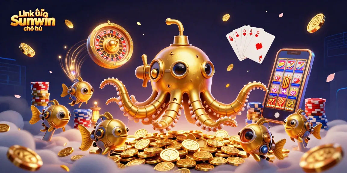 Experience the excitement of "Link vào Sunwin chính thức" with a vibrant 3D casino scene of golden treasures and games.