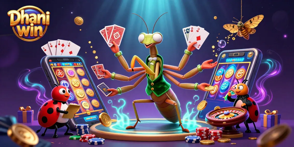 Dhani win gaming scene showcases a giant mantis card sharp and ladybug pit boss amidst dynamic slot game visuals and golden coins.