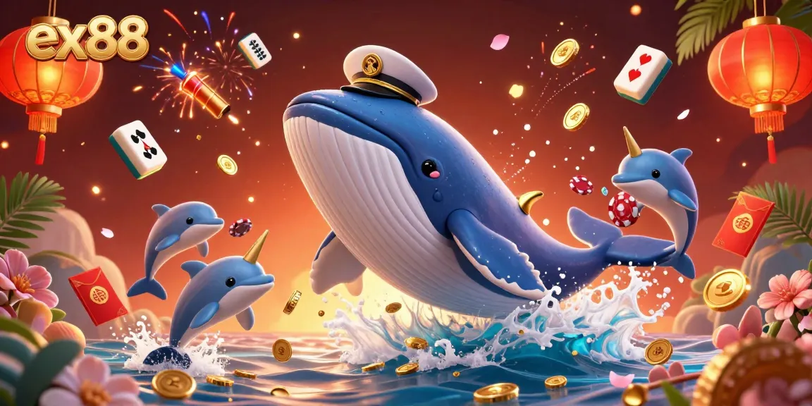 Engage in exciting gameplay with ex88 as a giant 3D cartoon whale and friends create a vibrant casino atmosphere.