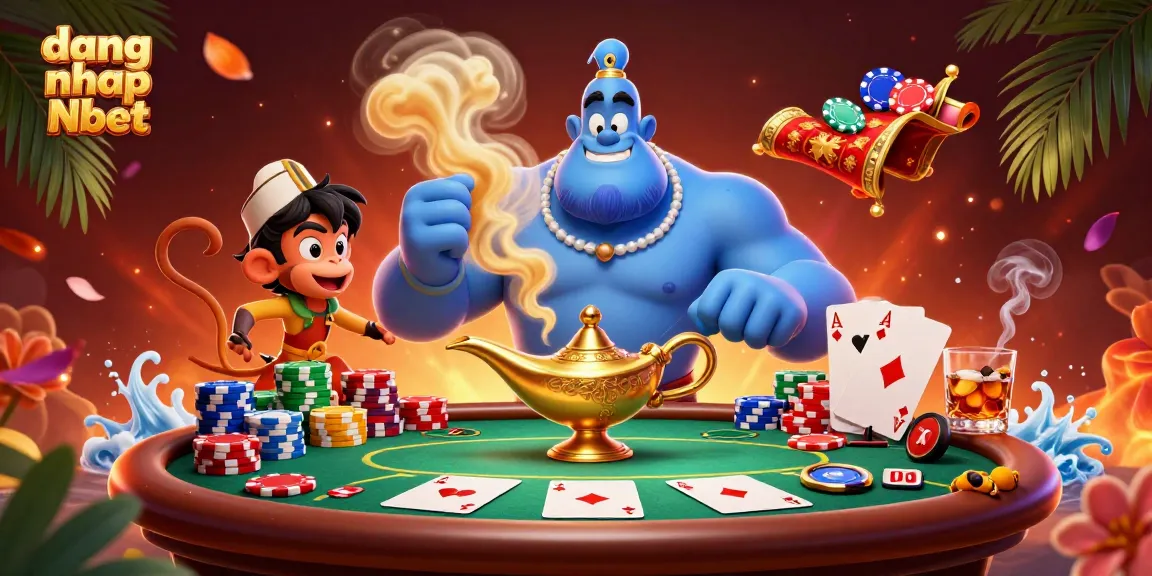 Engage with dang nhap Nbet through vibrant 3D casino scene featuring a genie and poker elements.