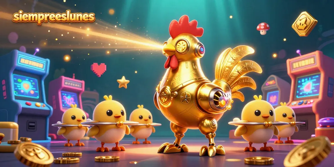Jump into action with siempreeslunes' golden rooster robot and arcade games in a vibrant casino scene.