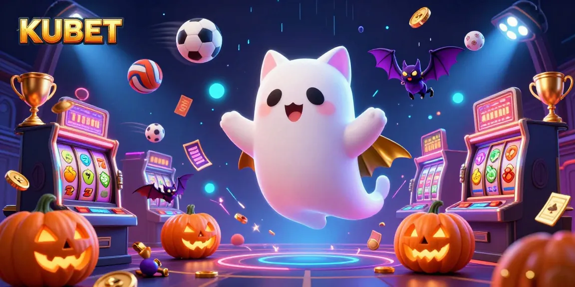 Engage with KUBET's haunted casino featuring a ghost cat, vampire bat, and glowing jack-o-lanterns.