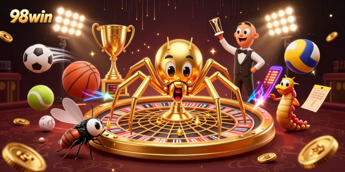 Experience thrilling gameplay at 98win with vibrant visuals of the golden spider and exciting sports elements.