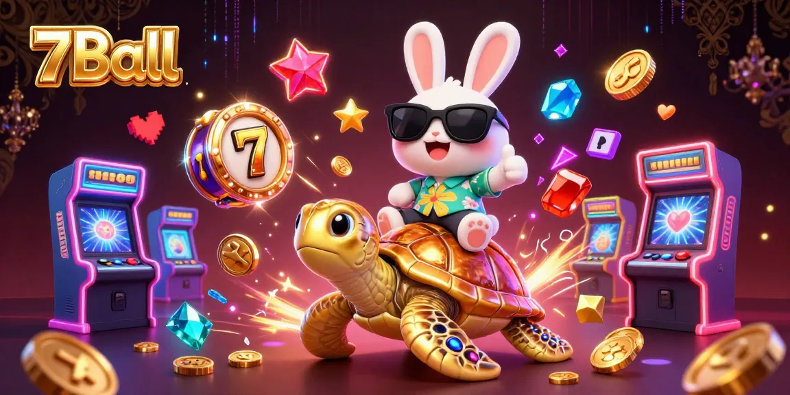Enjoy slots and jackpots at 7Ball with a lucky rabbit and golden turtle in a vibrant casino scene.