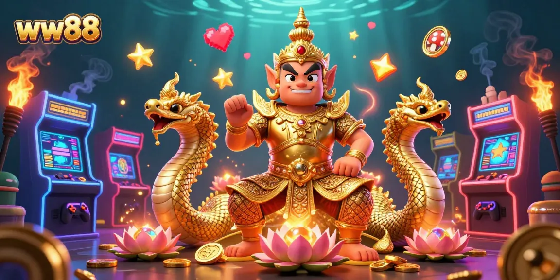 Win big with ww88 at an ultra-detailed gambling scene featuring Thai guardians and casino elements.
