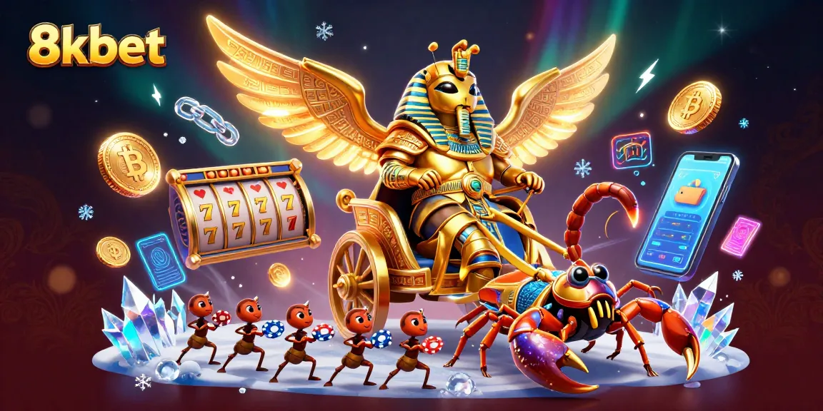 Engage in 8xbet slots with a thrilling 3D illustration of a golden scarab and rich gaming symbols.